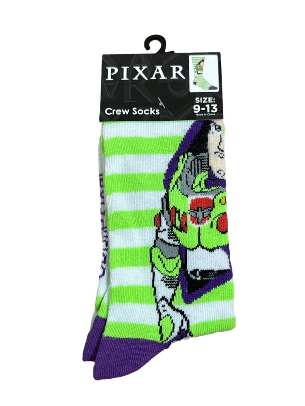 Disney Pixar Buzz Lightyear Green White Purple Crew Socks - Men's 9-13